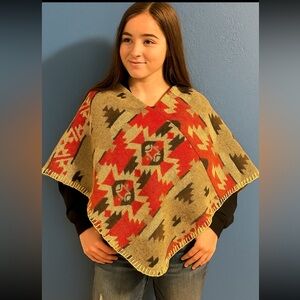 Janice Aztec Geometric Print Poncho Shawl Boho Western Cape Kids One Size NWOT